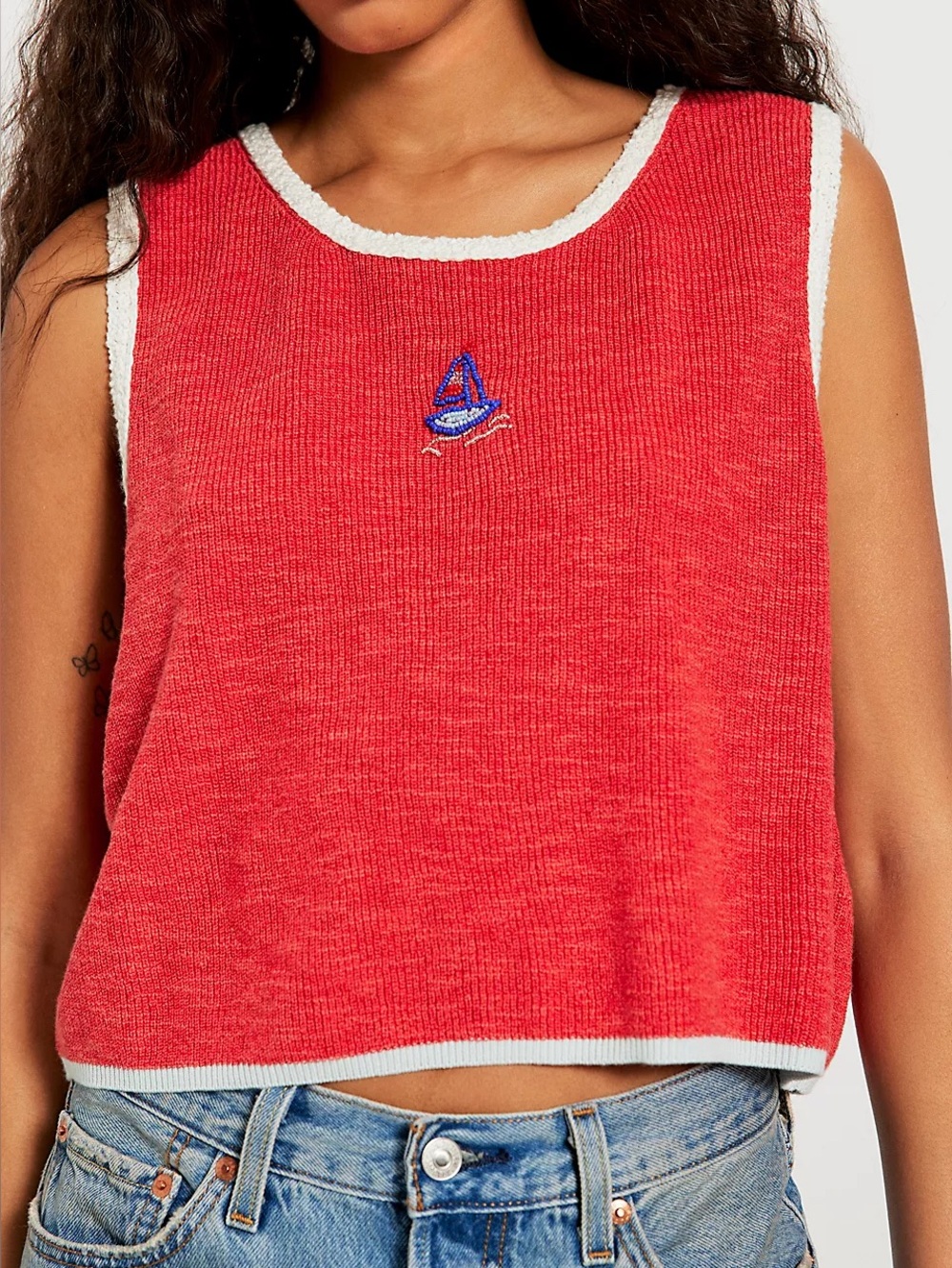 Free People Shelly Sweater Tank Red Beaded Sailboat Crop Knit Top NWT M